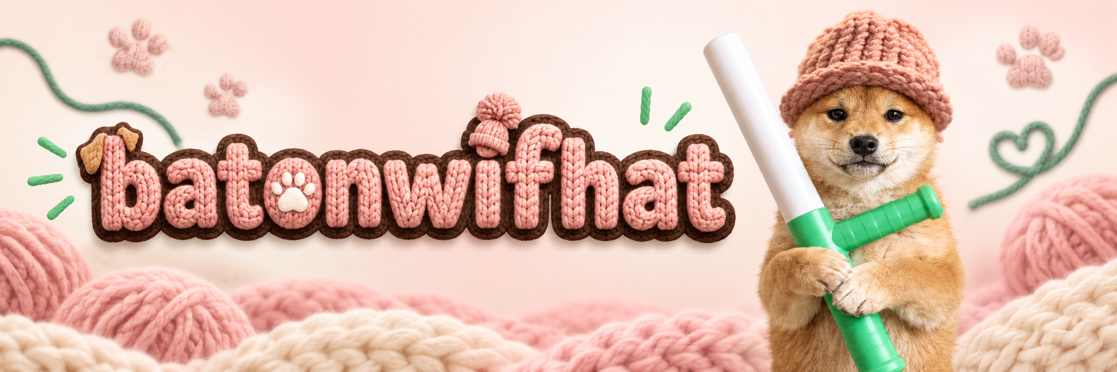 batonwifhat knitted wordmark with the Shiba mascot